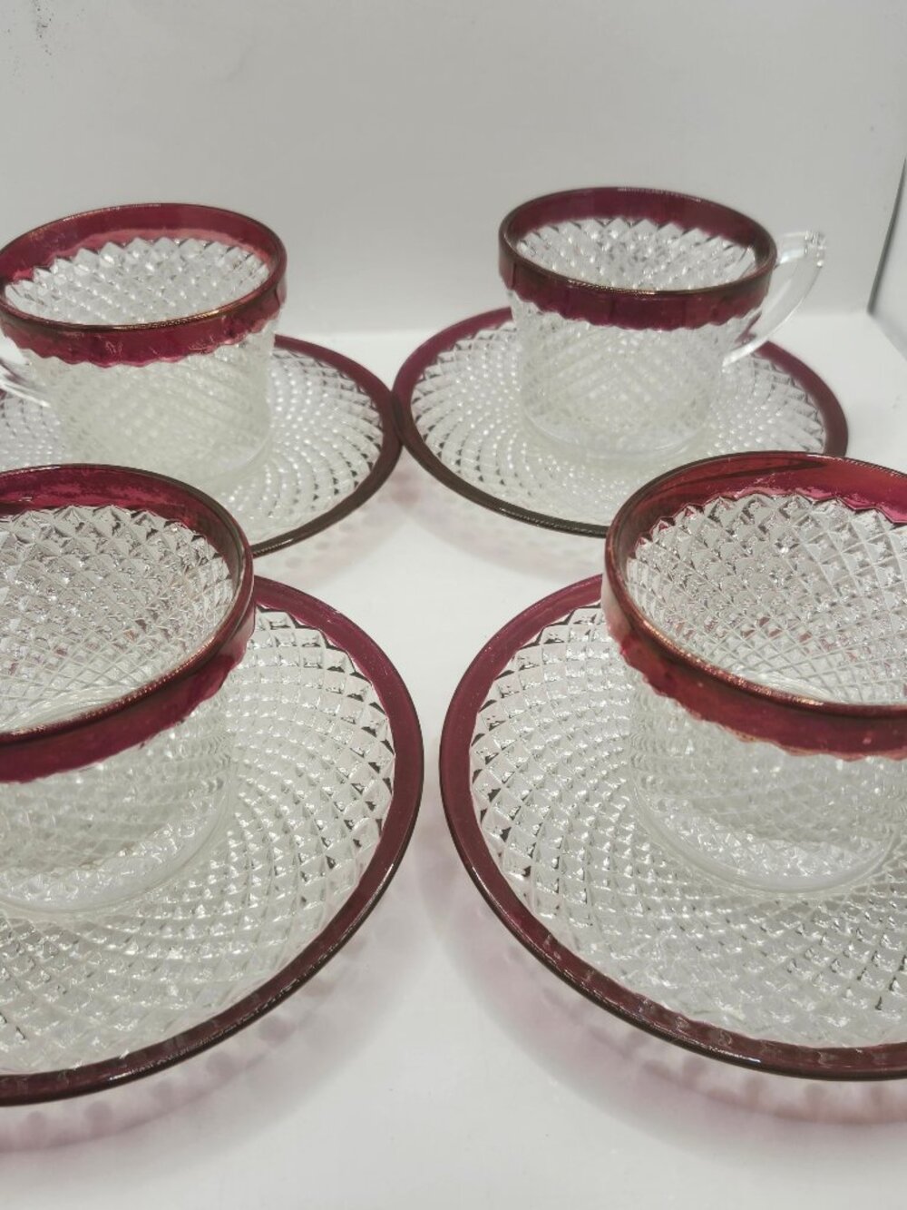 Vintage Set of 4 Indiana Glass Ruby Red Diamond Point Cups with Saucer Sets